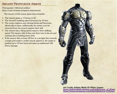 Oct 13, 2022 Arcane Propulsion Armor Arcane Propulsion Armor is one of the artificer&39;s more powerful infusions, as evidenced by its high prerequisite of 14th level. . Best magic items for armorer artificer 5e
